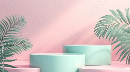 Obraz na płótnie Two mint green circular podium platforms with palm leaves and pink pastel wall background w salonie