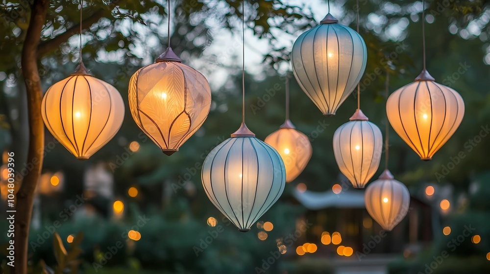 Decorative lanterns glowing in the night, creating a warm and magical atmosphere Decorative lanterns glowing in the night, creating a warm and magical atmosphere