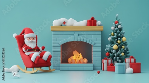 Christmas Fireplace Scene with Santa Claus  Presents  and a Christmas Tree photo