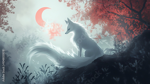 Ethereal nine-tailed fox, revered in japanese mythology, sits contemplatively amidst misty moonlit forest, its wispy. Shape-shifting Kitsune. Illustration photo