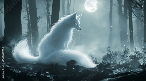 Ethereal nine-tailed fox, revered in japanese mythology, sits contemplatively amidst misty moonlit forest, its wispy. Shape-shifting Kitsune. Illustration photo