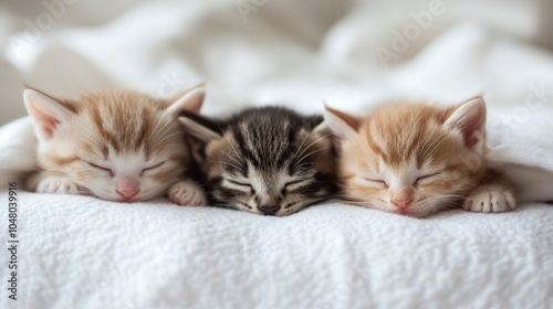 Cute little newborn kittens sleeping on white knitted blanket, closeup