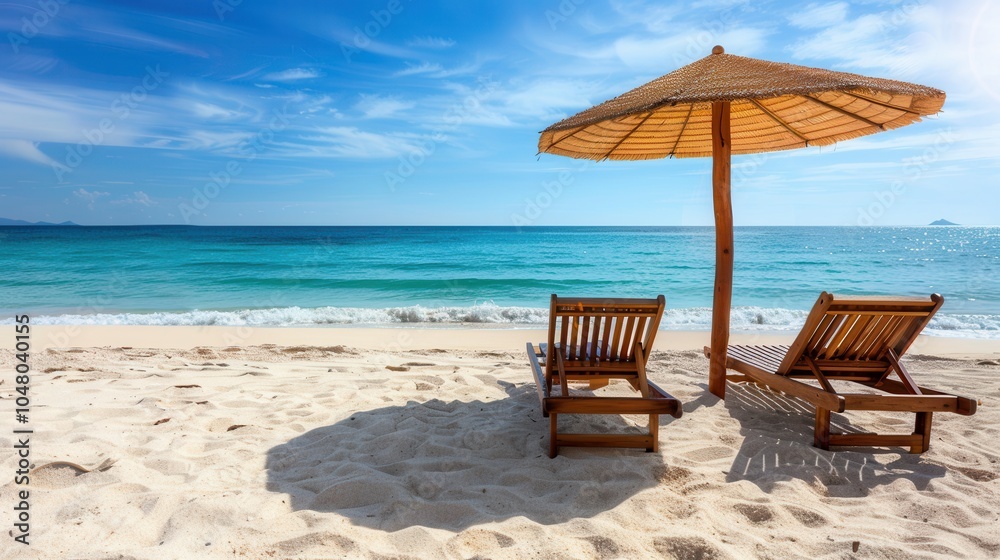 Obraz premium Two wooden lounge chairs and parasol umbrellas rest on a quiet sunny beach with clear blue water and a vibrant sky above. Generative AI