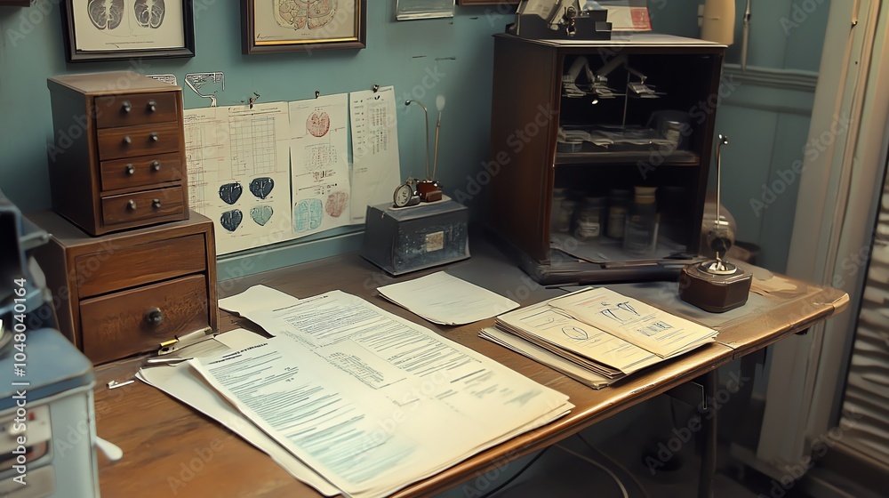 A cluttered desk with documents, a wooden cabinet, and vintage decor showcasing a creative workspace. A cluttered desk with documents, a wooden cabinet, and vintage decor showcasing a creative workspace.