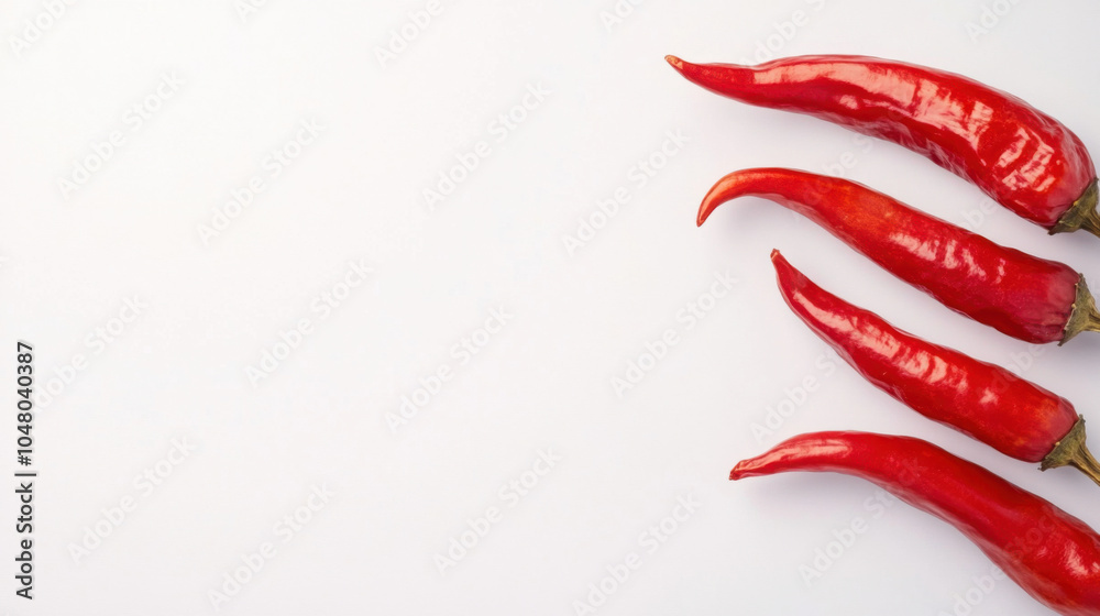 Fresh red chili peppers arranged on clean white background, showcasing their vibrant color and unique shapes. Perfect for culinary use or food photography. Fresh red chili peppers arranged on clean white background, showcasing their vibrant color and unique shapes. Perfect for culinary use or food photography.