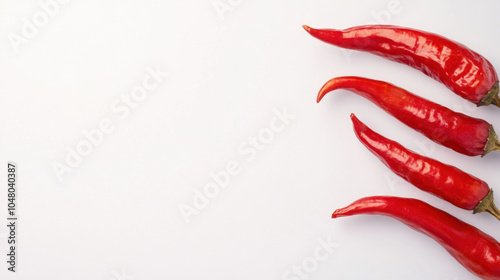 Fresh red chili peppers arranged on clean white background, showcasing their vibrant color and unique shapes. Perfect for culinary use or food photography.