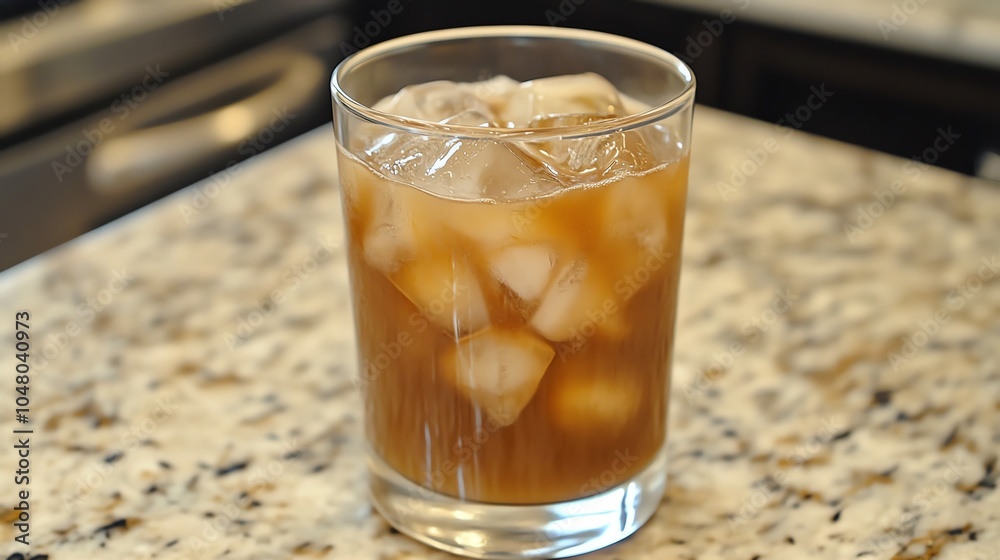 A refreshing glass filled with ice and a dark beverage sits on a speckled countertop. A refreshing glass filled with ice and a dark beverage sits on a speckled countertop.