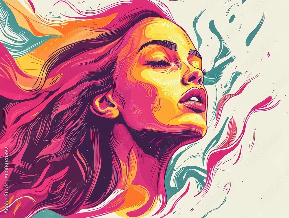 Vibrant illustration of a woman with flowing hair and expressive colors celebrating freedom Vibrant illustration of a woman with flowing hair and expressive colors celebrating freedom