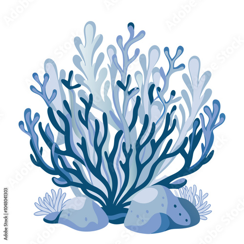 A light blue drawing of corals with rocks and seaweed. The plants is surrounded by rocks and has a blue, light blue isolated on white background
