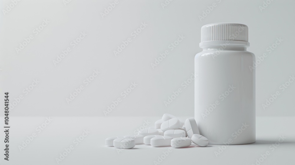 White Pill Bottle and Scattered Pills on a White Surface White Pill Bottle and Scattered Pills on a White Surface