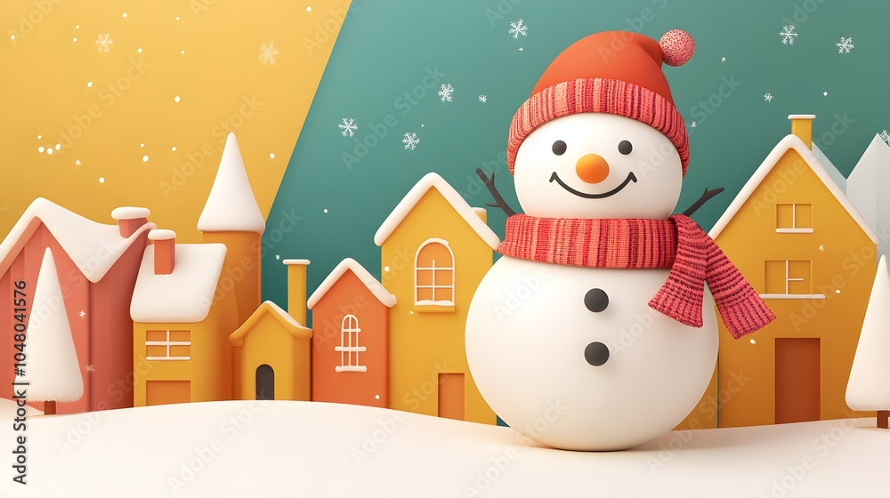 Happy Snowman in Winter Village with Snowflakes Happy Snowman in Winter Village with Snowflakes