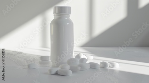 White Pill Bottle and Scattered Pills on a White Surface