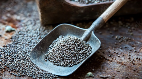 A wooden scoop filled with black seeds on a rustic wooden surface. photo
