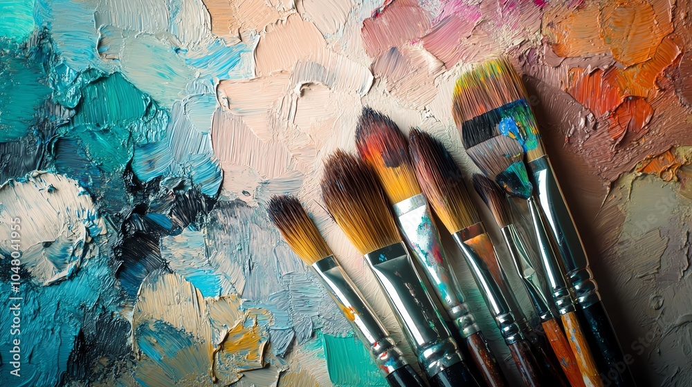 Fototapeta premium Artistic paintbrushes arranged on a colorful palette, showcasing creativity and passion for painting.