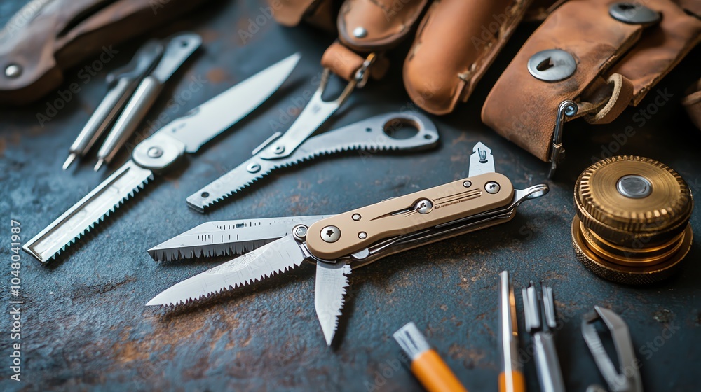 Fototapeta premium Array of multi-tools and hand tools on a textured surface, perfect for DIY and outdoor enthusiasts.