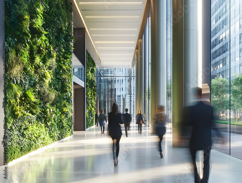 	
Abstract long exposure motion crowd business people walking commercial centre corporate green office in modern city lobby. Green sustainability natural light indoor plants garden environment