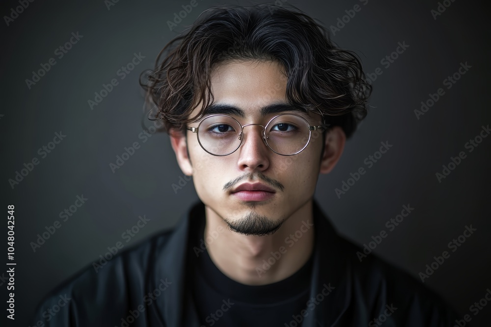 Obraz premium 若い男性が黒い背景の前で真剣な表情を浮かべているポートレート
