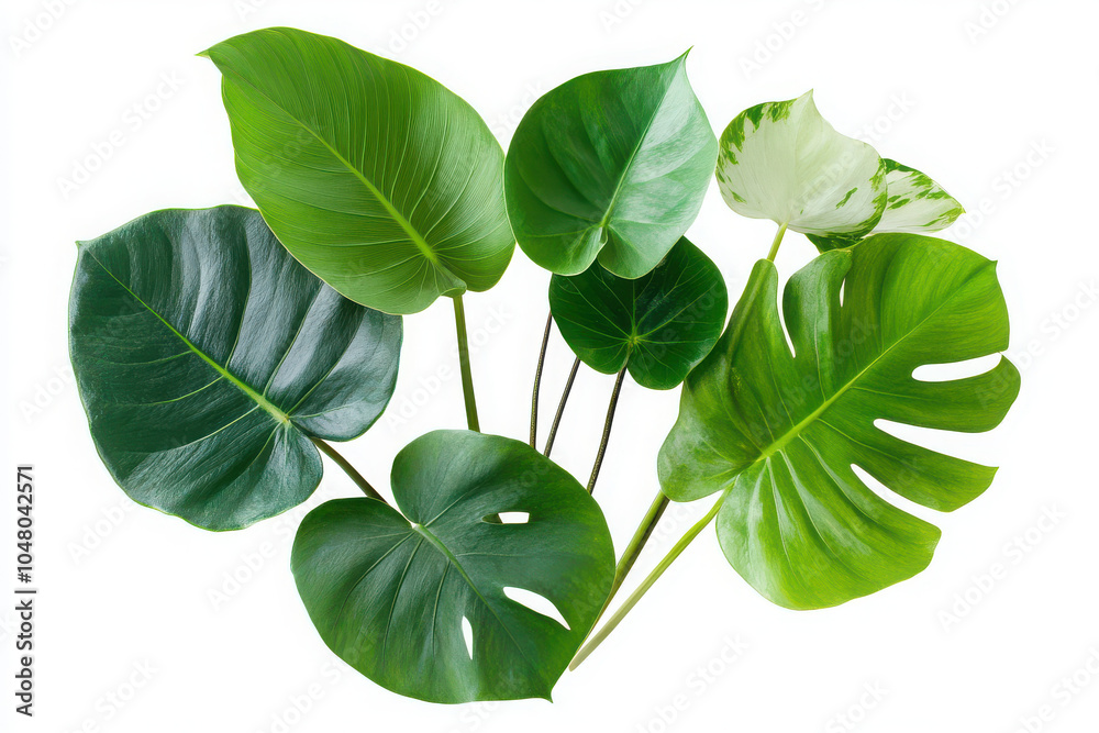 A collection of various green leaves arranged aesthetically on a white background. A collection of various green leaves arranged aesthetically on a white background.