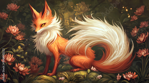 Cute nine-tailed fox illustration - anime style fantasy creature. Nine-Tailed Fox. Illustration photo