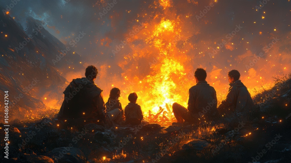 A group of people are sitting around a fire in a field. Generative AI A group of people are sitting around a fire in a field. Generative AI