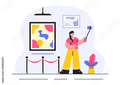 Photo Gallery Vector Illustration featuring Museum Visitors Viewing an Exhibition of Modern Abstract Paintings and Pictures in a Contemporary Design