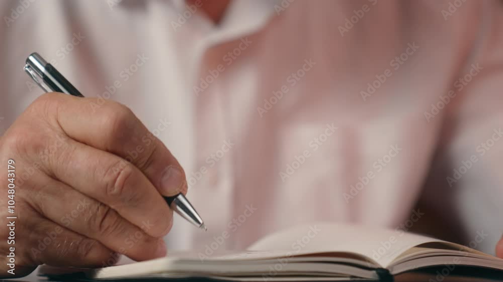 Close up hands holding pen writing writer journalist Caucasian old man senior home office indoors notebook businessman business working document author letter occupation note mature text paper male