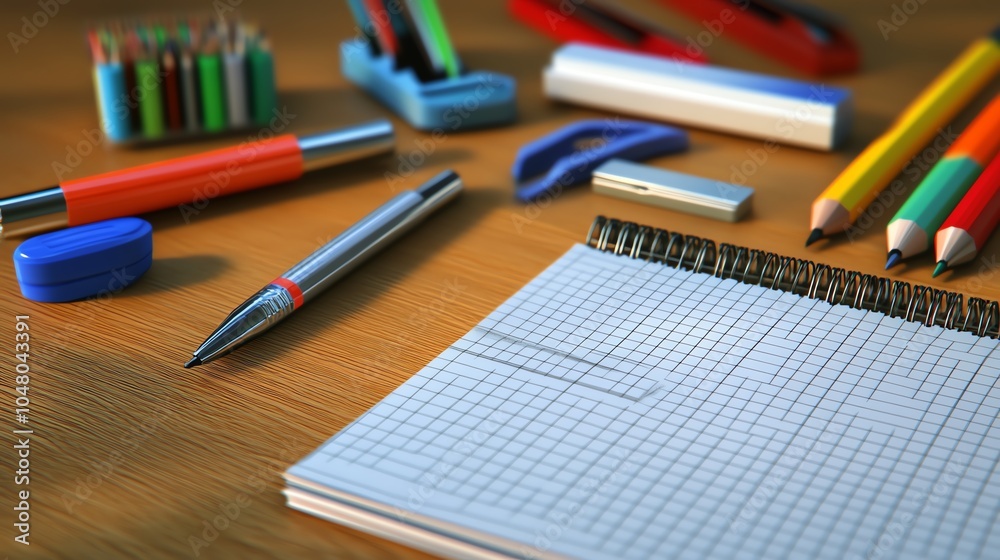 Colorful stationery items arranged on a wooden surface, including pens, markers, and a notepad. Colorful stationery items arranged on a wooden surface, including pens, markers, and a notepad.