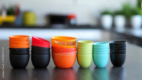 Colorful stacking cups displayed on a kitchen countertop for modern home decor. photo