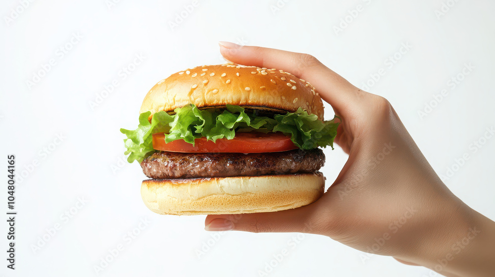 A hand holding a sesame seed bun hamburger with lettuce and tomato. A hand holding a sesame seed bun hamburger with lettuce and tomato.