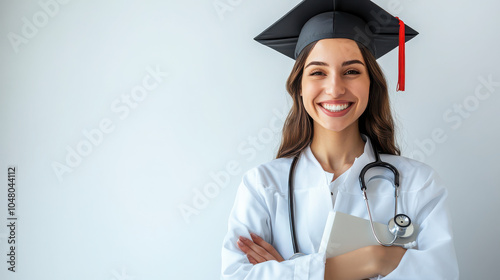 A smiling graduate in a white coat and cap, holding a notebook and stethoscope.