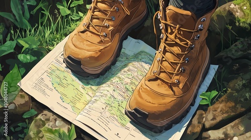 Hiking boots resting on a map, surrounded by nature, symbolizing outdoor adventures and exploration. photo