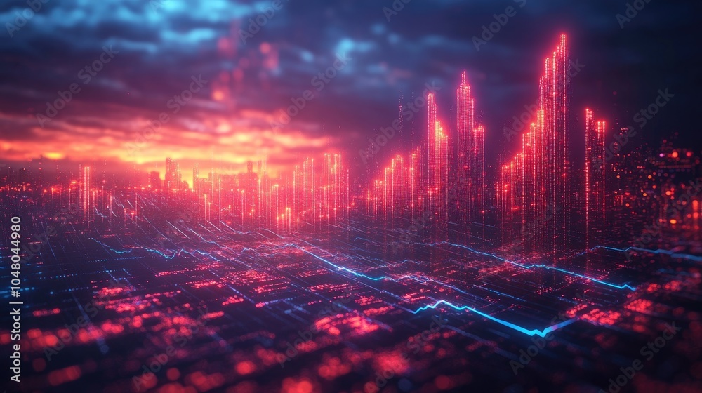Fototapeta premium Analysis images, Dynamic Financial Market Analysis with Glowing Data Graphs, Stock Market Data, and Analytics with Real-Time Graph Fluctuations