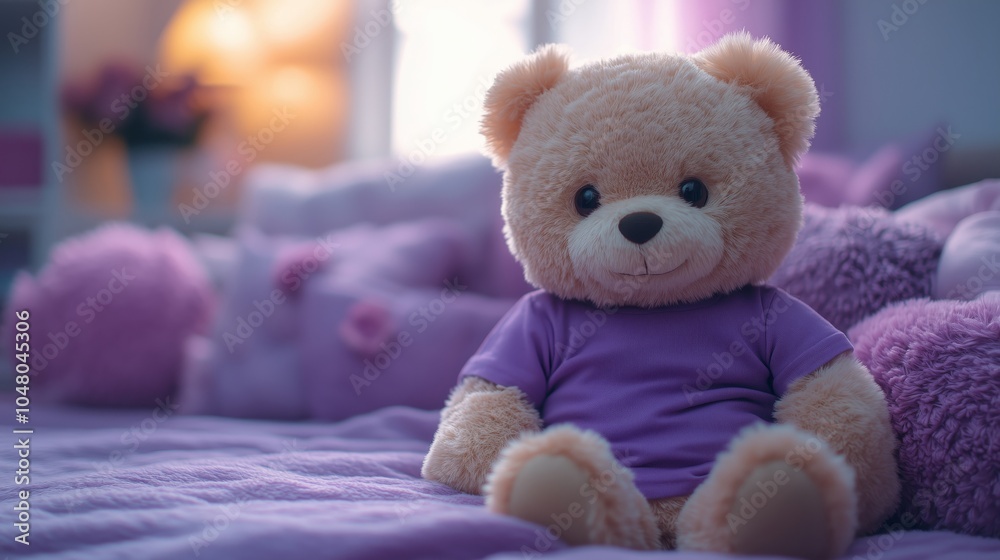 An Adorable Teddy Bear in a Cozy Purple Bedroom Setting An Adorable Teddy Bear in a Cozy Purple Bedroom Setting