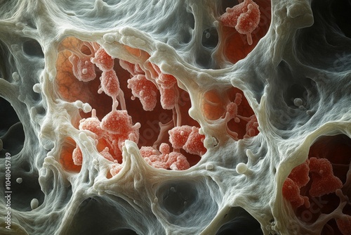 3D Close-up electron microscopy cells of liver. Scientific depth of field.