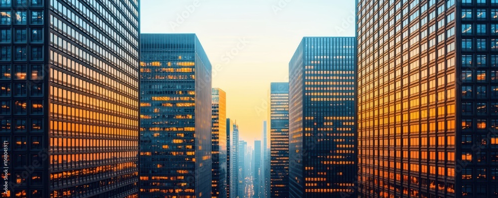 Obraz premium Radiant reflection of sunlight off skyscrapers, casting golden light onto the streets below, urban and energetic