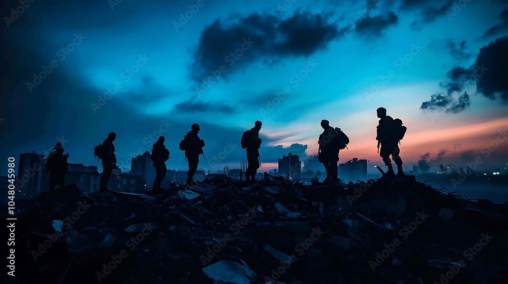 Fototapeta premium Silhouetted Soldiers on Rubble Amidst a PostWar Cityscape
