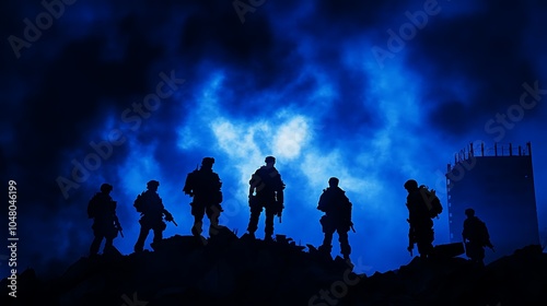 Silhouettes of Soldiers in Blue Twilight