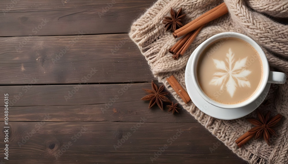A white ceramic mug filled with a hot beverage, likely tea, sits on a wooden table, surrounded by a cozy knitted scarf. A white ceramic mug filled with a hot beverage, likely tea, sits on a wooden table, surrounded by a cozy knitted scarf.