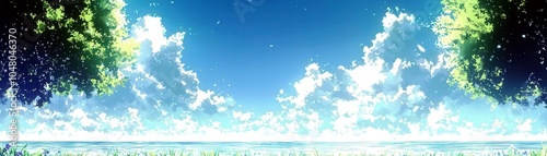 Vivid Anime Style Field Under Bright Clouds