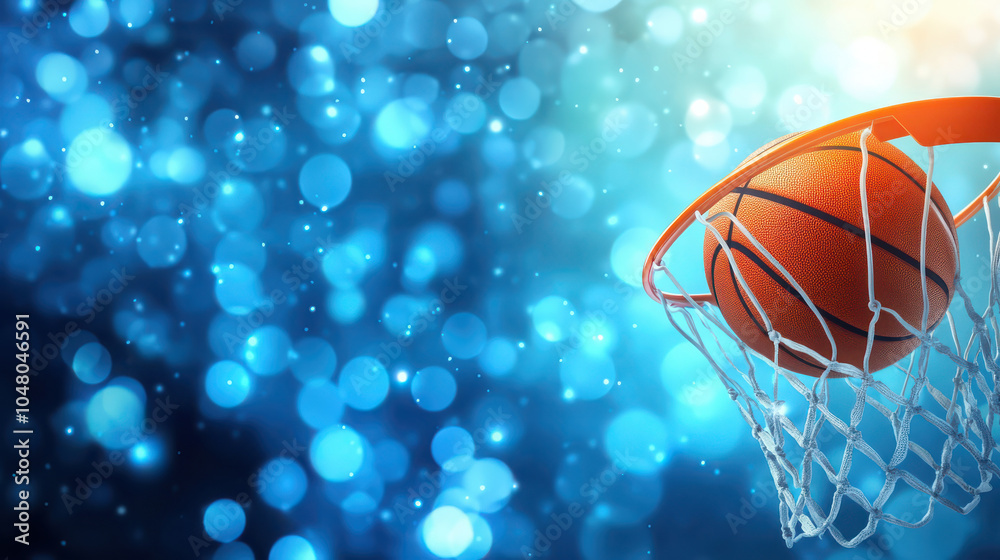 A basketball is seen approaching a hoop against a backdrop of shimmering blue lights. A basketball is seen approaching a hoop against a backdrop of shimmering blue lights.