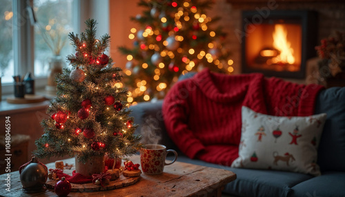 Christmas tree on a dark wooden table decorated with bright red and white lights bokeh, featuring a red sweater in the background and an array of colorful ornaments