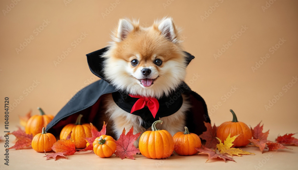 Pomeranian dog with fluffy fur dressed in a classic Dracula outfit, posing with a group of small toy pumpkins and vibrant autumn leaves of various colors on a beige background Pomeranian dog with fluffy fur dressed in a classic Dracula outfit, posing with a group of small toy pumpkins and vibrant autumn leaves of various colors on a beige background