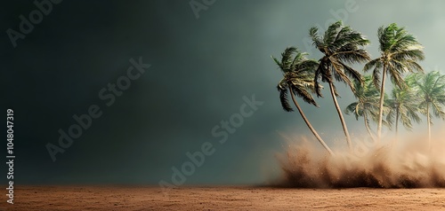 Galeforce Winds and Twisting Palm Trees Amidst a Dramatic Tropical Storm Landscape Unfolding. Weather Condition Concept photo