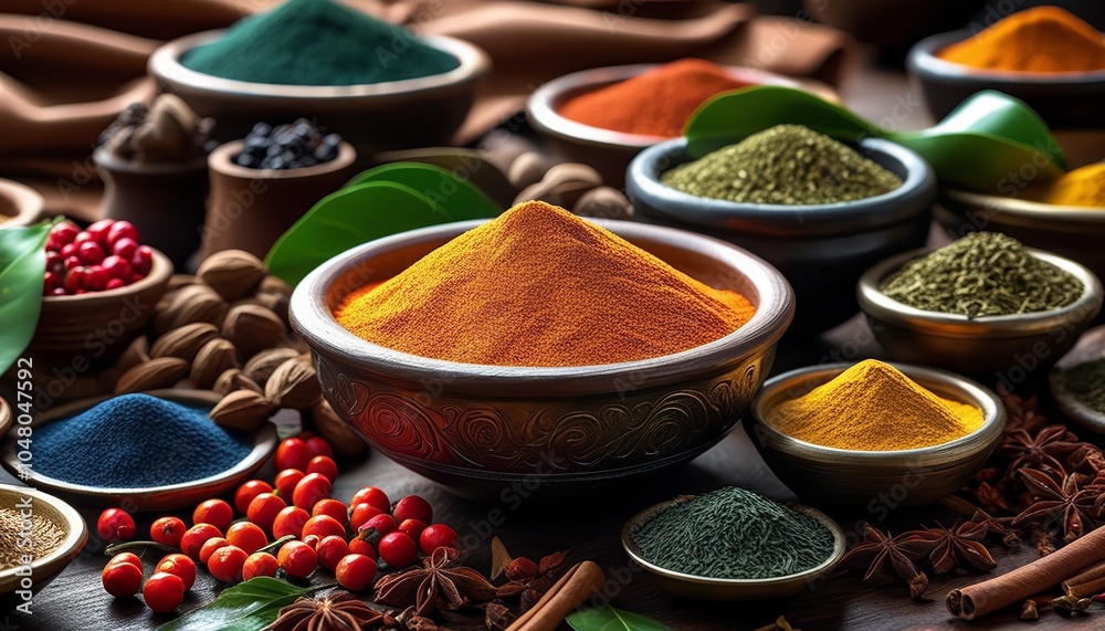 Illustrative image of a collection of spices, nuts and cooking ingredients that are typical of Asian cuisine Illustrative image of a collection of spices, nuts and cooking ingredients that are typical of Asian cuisine