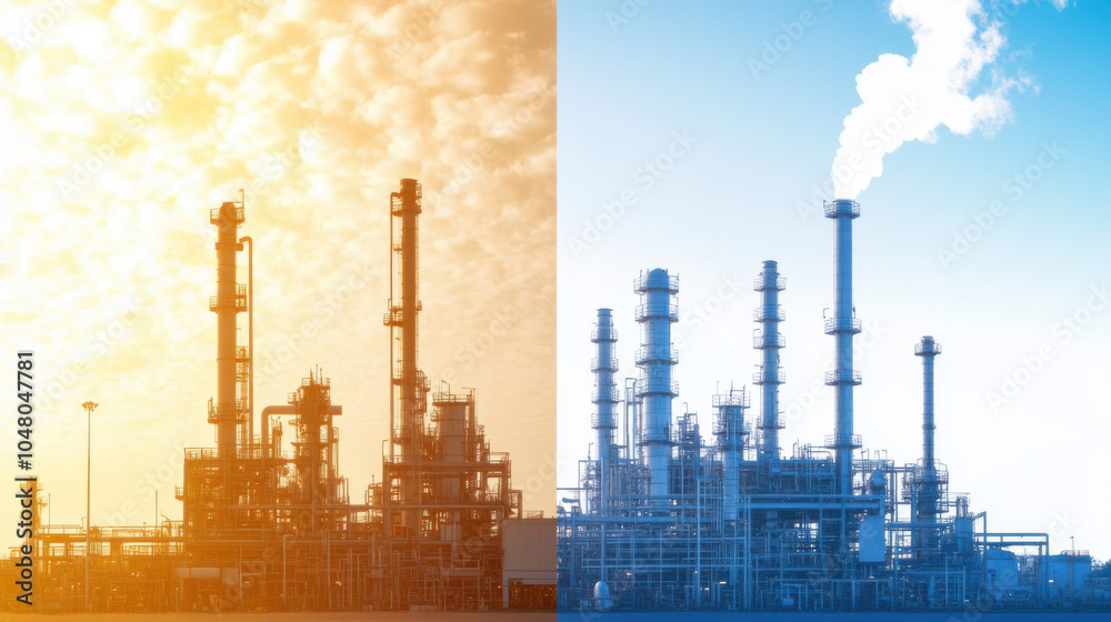 Fototapeta premium Industrial oil refinery with contrasting colors and smoke emissions.