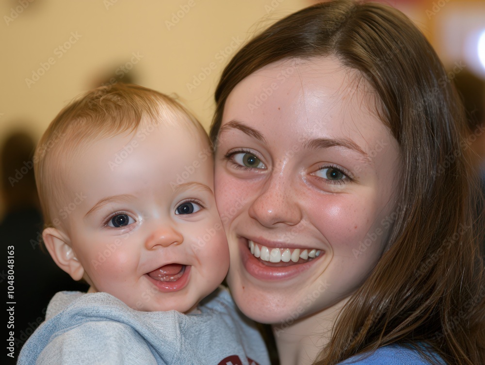 Joyful moments shared between a young woman and a smiling baby in a lively indoor setting Joyful moments shared between a young woman and a smiling baby in a lively indoor setting