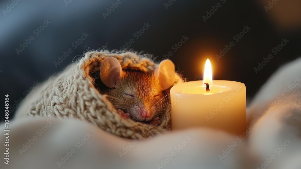 A cozy mouse wrapped in a blanket, peacefully sleeping next to a glowing candle, evoking warmth and comfort. A cozy mouse wrapped in a blanket, peacefully sleeping next to a glowing candle, evoking warmth and comfort.