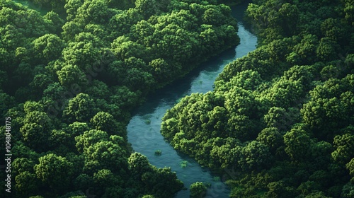 Aerial View of a Lush Forest with a Winding River