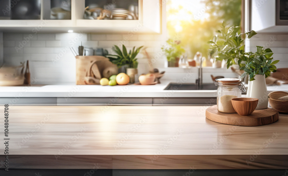 Empty wooden kitchen countertop with blurred background Empty wooden kitchen countertop with blurred background