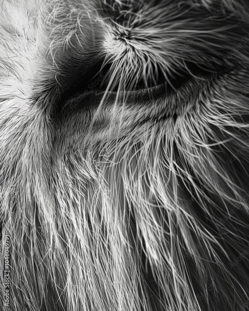 A detailed closeup of an animals fur each strand appearing distinct and unique. Black and white art A detailed closeup of an animals fur each strand appearing distinct and unique. Black and white art
